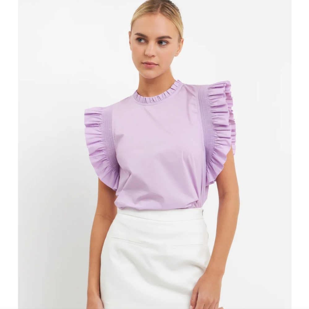 English Factory Ruffled Cap Sleeve Top with Ruffle Neck Light Purple Size Medium